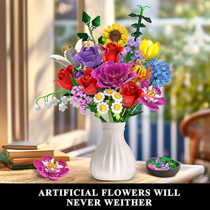 Flower Bouquet Building Set Valentines Day, 18 Flowers Rose Building Block, Botanical Collection Building Block Toy Plant Home Decor 1015 PCS, Gift for Her Adults Women Kids Boys Girls 8-12+