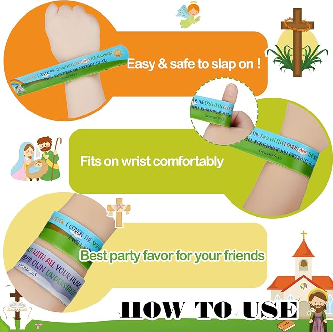 Sasylvia 320 Pcs Bible Verse Christian Slap Bracelets Party Favors for Kids Bulk Include 120 Religious Treat Bag Stuffers Snap Bracelets Kids Bracelets with 200 Bible Stickers for School Supplies