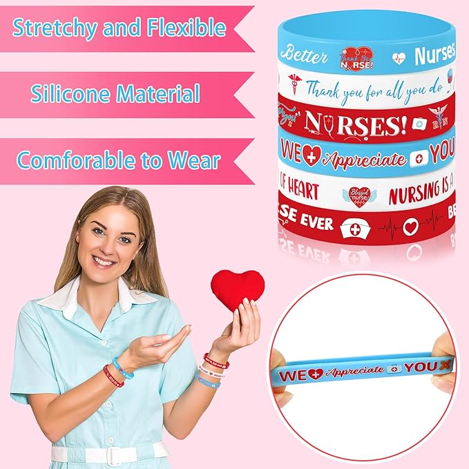JUNEBRUSHS 24Pcs Nurse Inspirational Silicone Rubber Wristbands Bracelets for Nurse Appreciation Week Decorations Party Favors Supplies(6 Designs)
