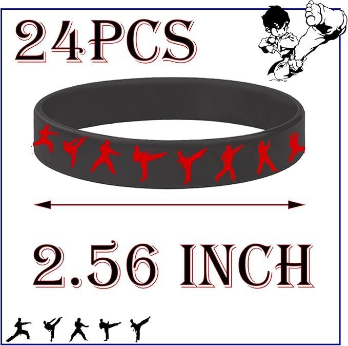 CupaPlay 24PCS Taekwondo Karate Rubber Wristbands Kung Fu Wrestling Theme Party Supplies Decorations Birthday Baby Shower Silicone Wristbands Party Favors