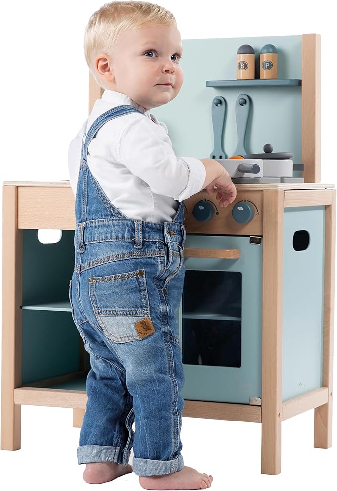 Wooden Kitchen Play Set - Green - Standing Appliance Toy, Cooking & Food Accessories, Storage-Oven-Sink, Pretend Play Station, Kid Age 3+