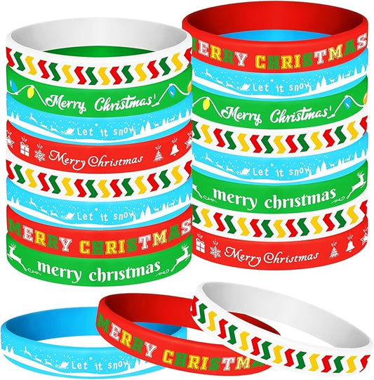 NEBURORA 48 Pack Christmas Wristband 6 Style Silicone Bracelet Wristbands Xmas Rubber Band for Christmas Party Decor 6 Merry Christmas Pattern Wrist Band Party Supplies