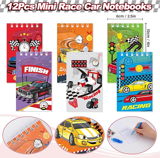 Race Car Party Favors Birthday Supplies Invisible Ink Pen Spiral Notepad Mini Race Car Silicone Bracelet Keychain Goodie Bag Stuffer Kids Boys Two Fast Racing Racecar Party Supplies Decorations