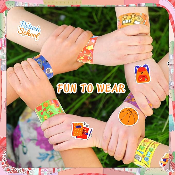 48 Pcs Back to School Slap Bracelets and 50 Pcs Party Stickers with Student Study Theme Slap Bracelets Wristbands for First Day of School Decorations, Classroom Rewards, Kid Birthday Gifts