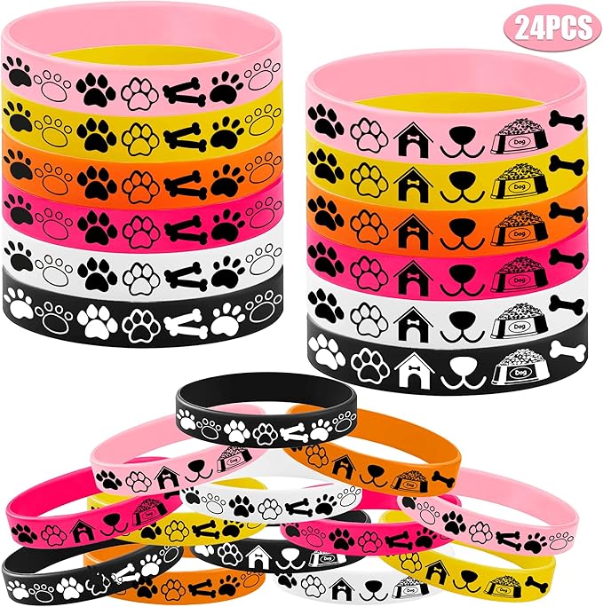 CupaPlay 24PCS Pet Rubber Bracelets Silicone Wristbands -Dog Theme Party Supplies Decorations Kawaii Pet Paw Birthday Baby Shower Party Favors