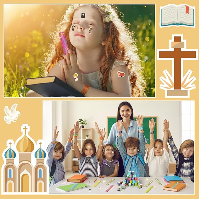 Sasylvia 320 Pcs Bible Verse Christian Slap Bracelets Party Favors for Kids Bulk Include 120 Religious Treat Bag Stuffers Snap Bracelets Kids Bracelets with 200 Bible Stickers for School Supplies
