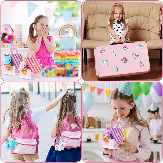 Remuuly Valentines Unicorn Party Favor for Girls Mini Unicorns Stuffed Animals Bulk Plush Keychains Gift Box Bracelet Sticker for Goodie Bag Birthday Students(100 Pcs)