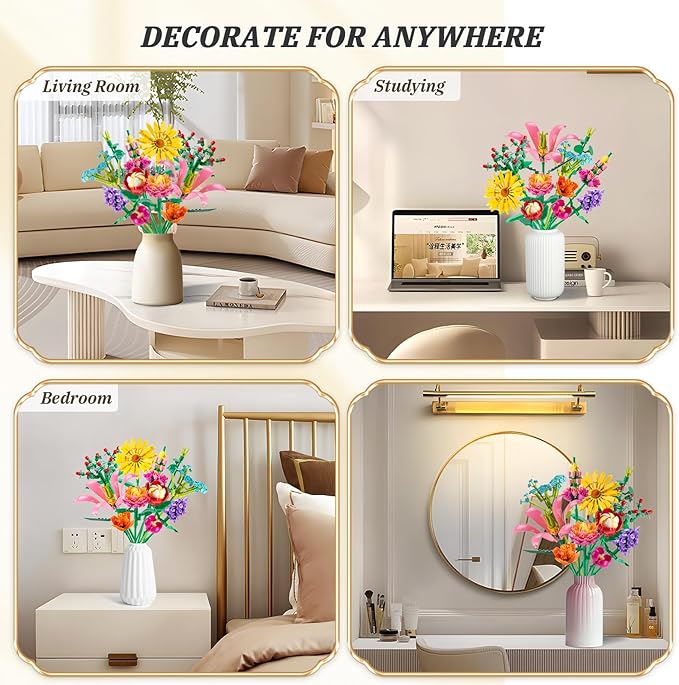 756 PCS Flower Bouquet Building Sets - 11 Kinds of Building Block Flowers, Botanical Collection Crafts Set for Home Office Decoration, Valentines Day for Adults Girl, No Vase