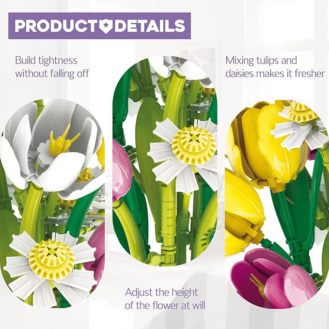 PUNIMA Tulips Building Blocks Set, Flowers Bouquet with Vase for Adults, Girls, Home, Office, Decor - 1250pcs
