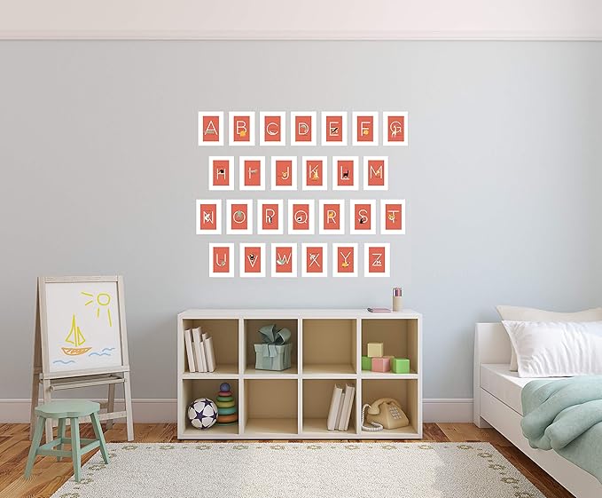 English Alphabets Flash Cards and Art Wall Cards - Set of 26 (5" x 7") Animal Alphabet Cards for Nursery Decor, Gifts, Kids Room, Classroom, by Kindred Sol Collective