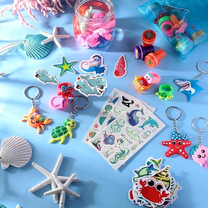 Under the Sea Party Favors Ocean Sea Animals Themed Party Supplies for Boys Girls, Bracelet Tattoo Sticker Stampers Keychain Ocean Sea Goodie Bag Fillers for Birthday Party Classroom Rewards (144 Pcs)