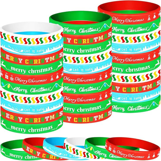 NEBURORA 72 Pack Christmas Wristband 6 Style Silicone Bracelet Xmas Rubber Band for Christmas Party Decor Merry Christmas Pattern Wrist Band Party Supplies