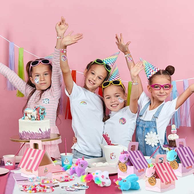 Remuuly Valentines Unicorn Party Favor for Girls Mini Unicorns Stuffed Animals Bulk Plush Keychains Gift Box Bracelet Sticker for Goodie Bag Birthday Students(100 Pcs)