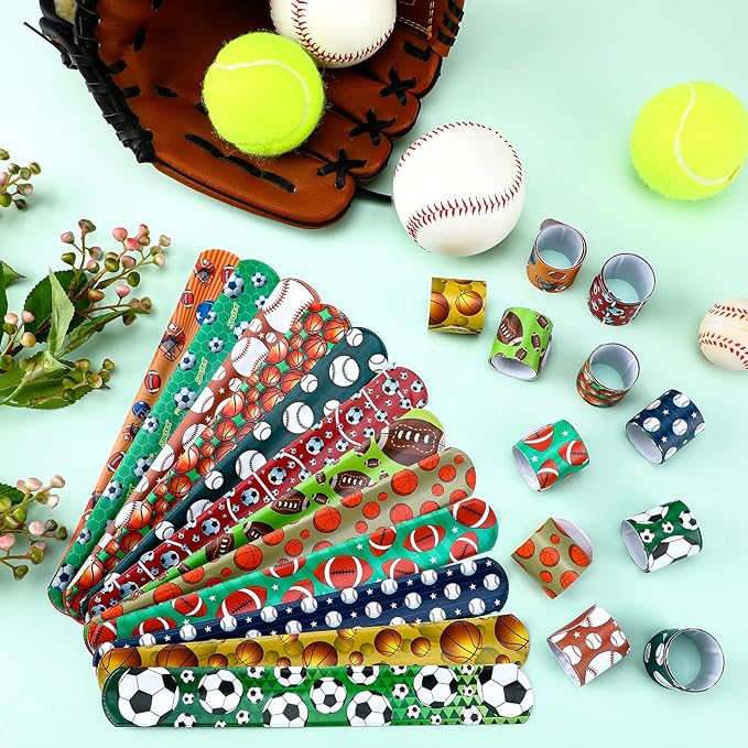Deekin 48 Pcs Sports Party Favors Slap Bracelets Football Baseball Soccer Snap Bracelet Bands Slap Bands Colorful Decorations for Kids Birthday Party Supplies, 8.8 x 1.2 Inch