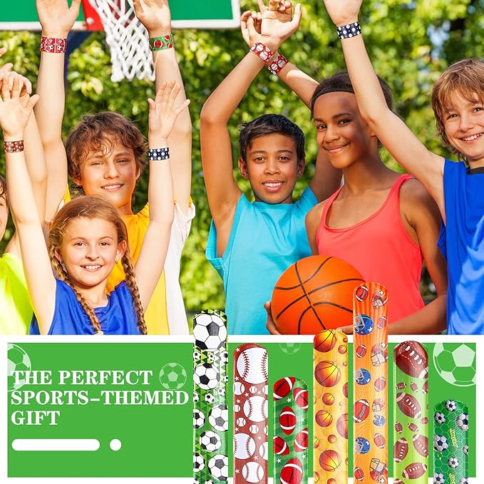 Deekin 48 Pcs Sports Party Favors Slap Bracelets Football Baseball Soccer Snap Bracelet Bands Slap Bands Colorful Decorations for Kids Birthday Party Supplies, 8.8 x 1.2 Inch