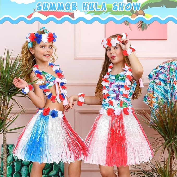 Fortuning's JDS Hawaiian Hula Grass Skirt for Girls Elastic Flower Costume Kids Outfits for Luau Tropical Beach Party Decor