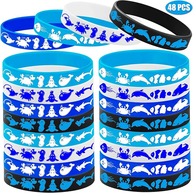 CupaPlay 48PCS Ocean Animals Rubber Bracelets Party Favors-Sea Themed Party Supplies Decorations Birthday Baby Shower Silicone Wristbands Party Favors