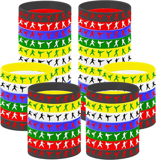 CupaPlay 48 Taekwondo Karate Rubber Bracelets Kung Fu Wrestling Theme Party Supplies Decorations Birthday Baby Shower Silicone Wristbands Party Favors