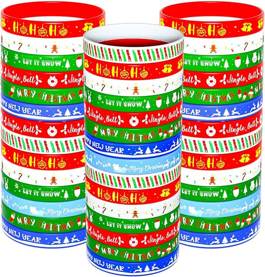 NEBURORA 72pcs Christmas Silicone Bracelet 8 Style Rubber Wristband Xmas Pattern Wrist Band for Merry Christmas Theme Party Decor Supplies