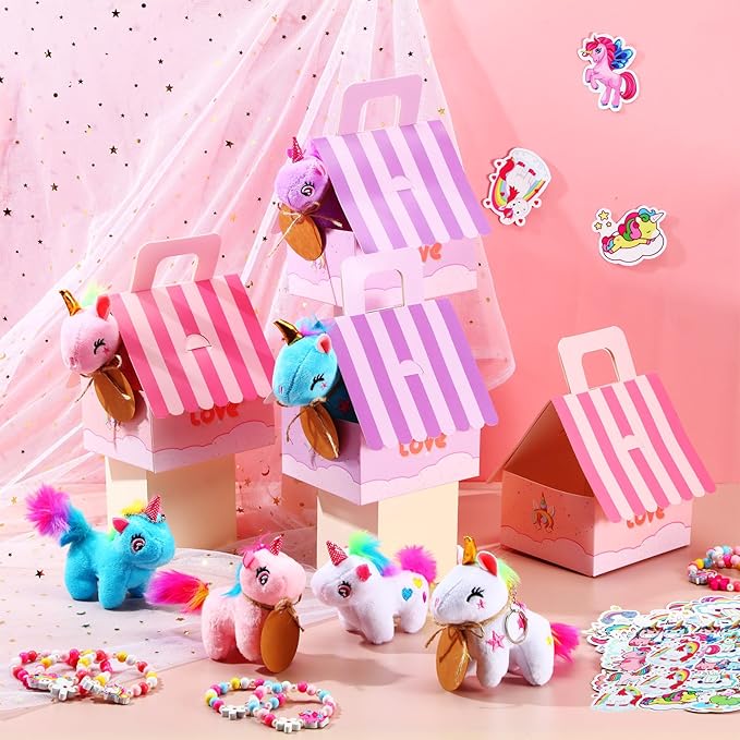 Remuuly Valentines Unicorn Party Favor for Girls Mini Unicorns Stuffed Animals Bulk Plush Keychains Gift Box Bracelet Sticker for Goodie Bag Birthday Students(100 Pcs)