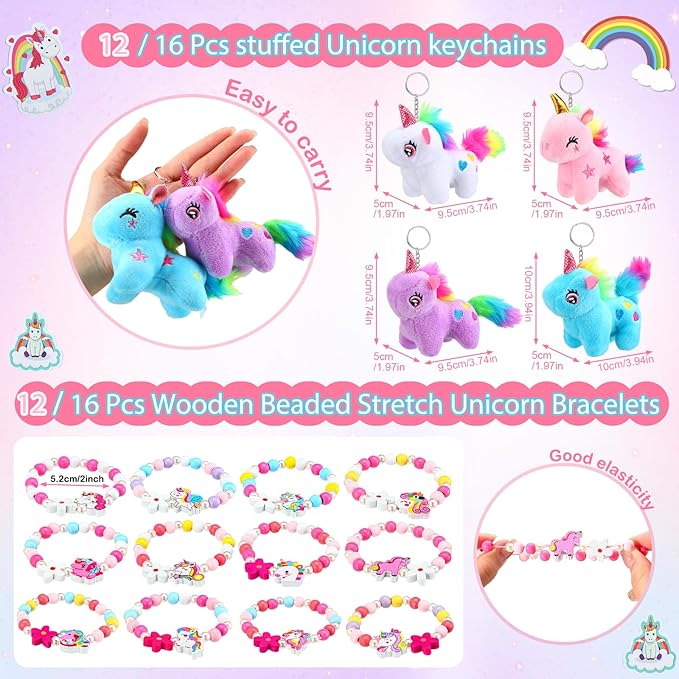 Remuuly Valentines Unicorn Party Favor for Girls Mini Unicorns Stuffed Animals Bulk Plush Keychains Gift Box Bracelet Sticker for Goodie Bag Birthday Students(100 Pcs)