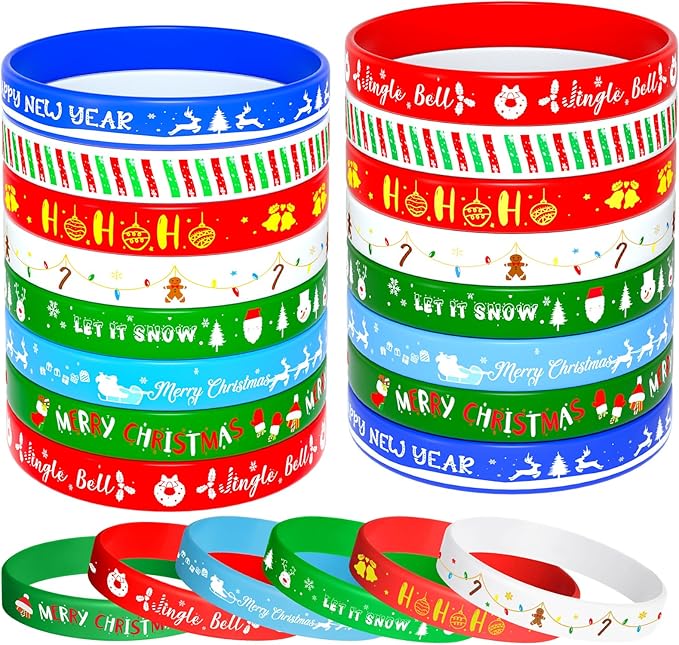 NEBURORA 24pcs Christmas Silicone Bracelet 8 Style Rubber Wristband Xmas Pattern Wrist Band for Merry Christmas Theme Party Decor Supplies