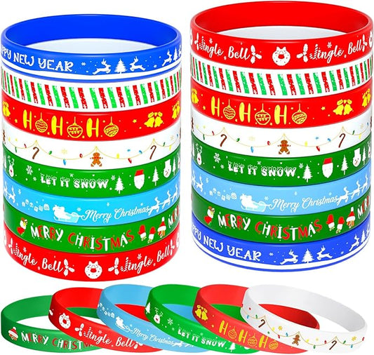 NEBURORA 24pcs Christmas Silicone Bracelet 8 Style Rubber Wristband Xmas Pattern Wrist Band for Merry Christmas Theme Party Decor Supplies