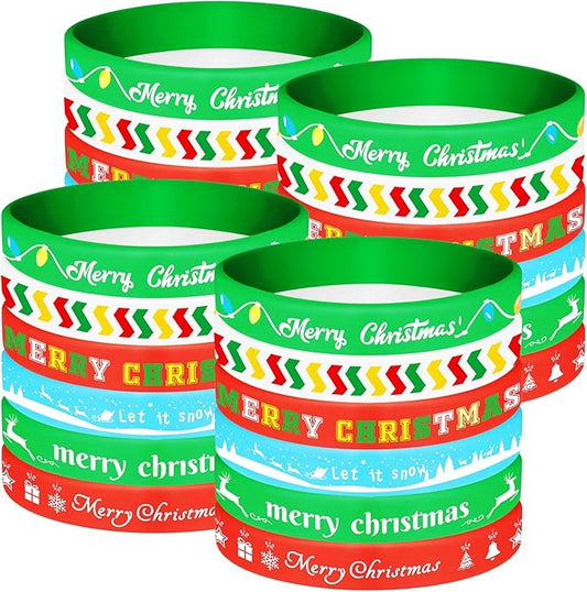 NEBURORA 24 Pack Christmas Wristband 6 Style Silicone Bracelet Wristbands Xmas Rubber Band for Christmas Party Decor 6 Merry Christmas Pattern Wrist Band Party Supplies
