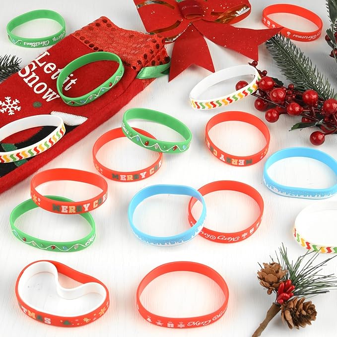 NEBURORA 72 Pack Christmas Wristband 6 Style Silicone Bracelet Xmas Rubber Band for Christmas Party Decor Merry Christmas Pattern Wrist Band Party Supplies