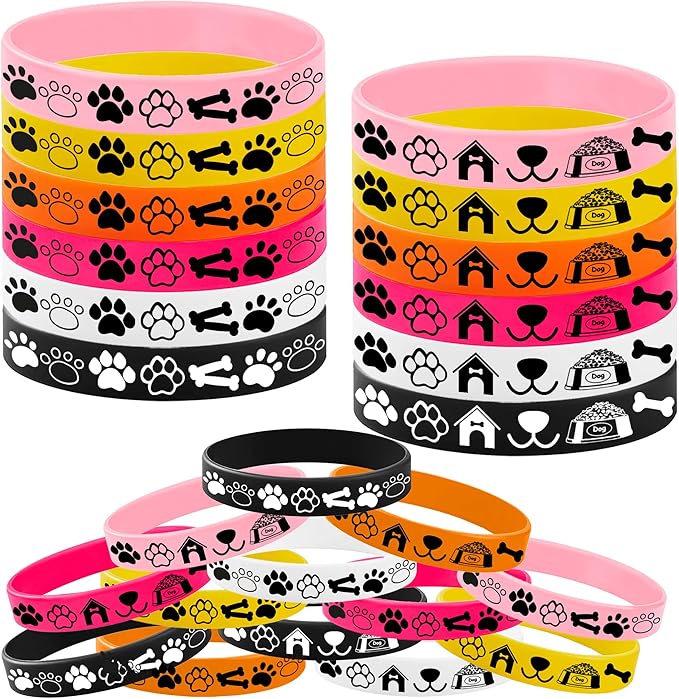 CupaPlay 24PCS Pet Rubber Bracelets Silicone Wristbands -Dog Theme Party Supplies Decorations Kawaii Pet Paw Birthday Baby Shower Party Favors