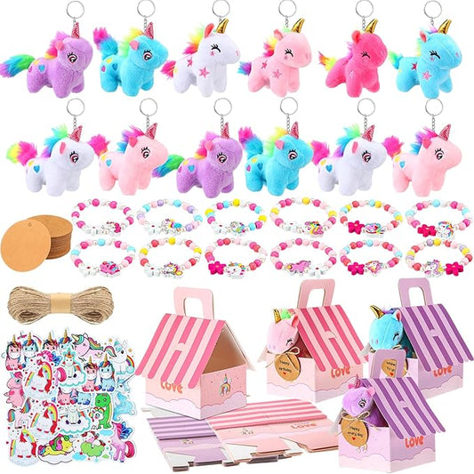 Remuuly Valentines Unicorn Party Favor for Girls Mini Unicorns Stuffed Animals Bulk Plush Keychains Gift Box Bracelet Sticker for Goodie Bag Birthday Students(100 Pcs)