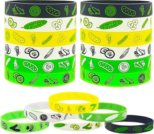 CupaPlay 24PCS Pickle Cucumber Rubber Bracelets - Cute Vegetable Canned pickles Theme Party Supplies Decorations Birthday Baby Shower Silicone Wristbands Party Favors