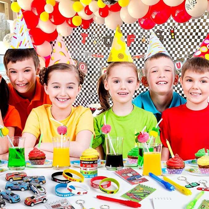 Race Car Party Favors Birthday Supplies Invisible Ink Pen Spiral Notepad Mini Race Car Silicone Bracelet Keychain Goodie Bag Stuffer Kids Boys Two Fast Racing Racecar Party Supplies Decorations