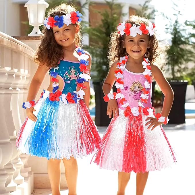 Fortuning's JDS Hawaiian Hula Grass Skirt for Girls Elastic Flower Costume Kids Outfits for Luau Tropical Beach Party Decor