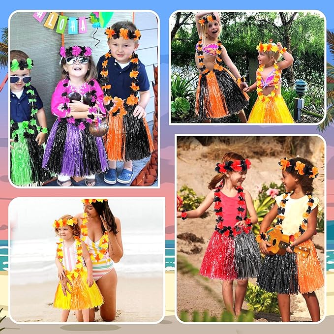 Fortuning's JDS Girl's Hawaiian Hula Grass Skirt for Luau Party Kids Flowers Outfits for Luau Tropical Beach Party Decor