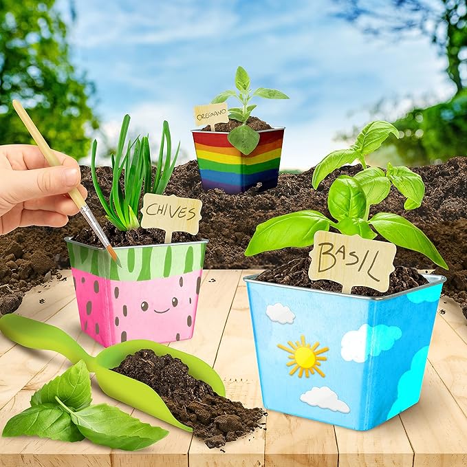 NATIONAL GEOGRAPHIC Herb Growing Kit for Kids - Decorate 3 Pots with Paint and Stickers, Kids Gardening Set, Arts and Crafts for Kids Ages 8-12, Garden Kit for Kids, Birthday Gifts