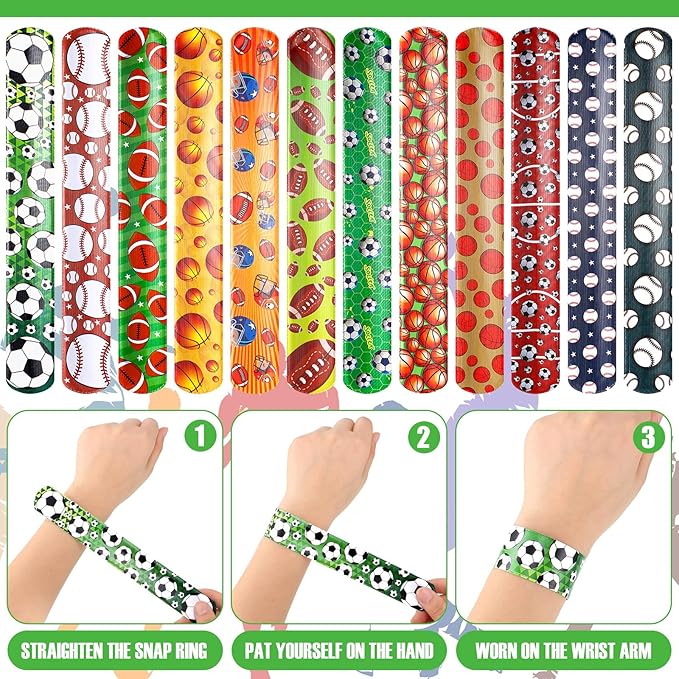 Deekin 48 Pcs Sports Party Favors Slap Bracelets Football Baseball Soccer Snap Bracelet Bands Slap Bands Colorful Decorations for Kids Birthday Party Supplies, 8.8 x 1.2 Inch