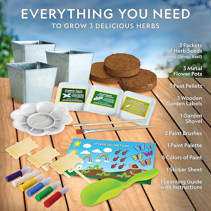 NATIONAL GEOGRAPHIC Herb Growing Kit for Kids - Decorate 3 Pots with Paint and Stickers, Kids Gardening Set, Arts and Crafts for Kids Ages 8-12, Garden Kit for Kids, Birthday Gifts